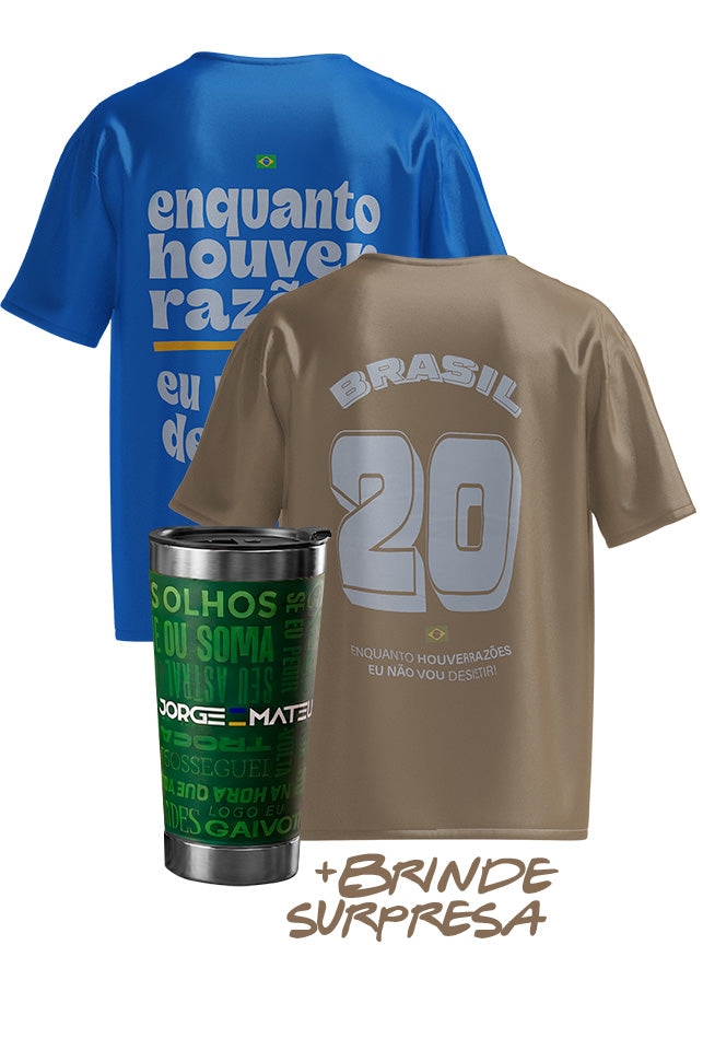 COMBO 3: “ENQUANTO HOUVER RAZÕES”: 1 CAMISETA AZUL + 1 CAMISETA VERDE + 1 COPO TÉRMICO